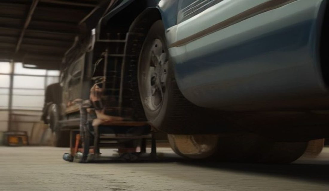 Technician inspecting a truck tire and brakes