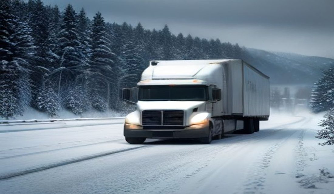 Truck driving carefully on a snowy BC highway